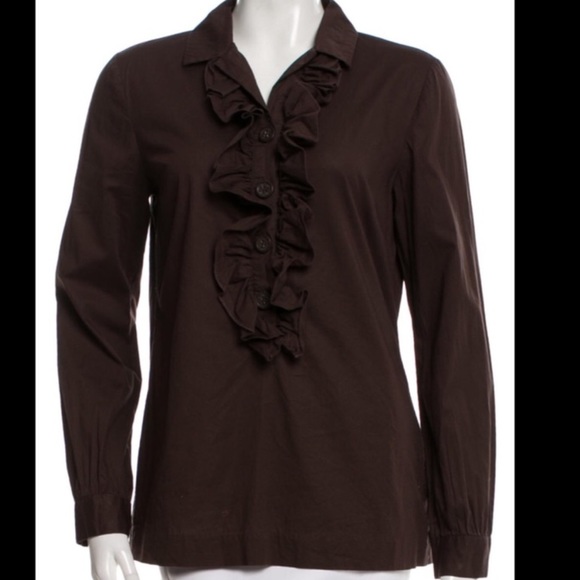 TORY BURCH Coco Brown Ruffle Front Button Up Long Sleeve Dress Shirt Size 4 - Picture 3 of 11